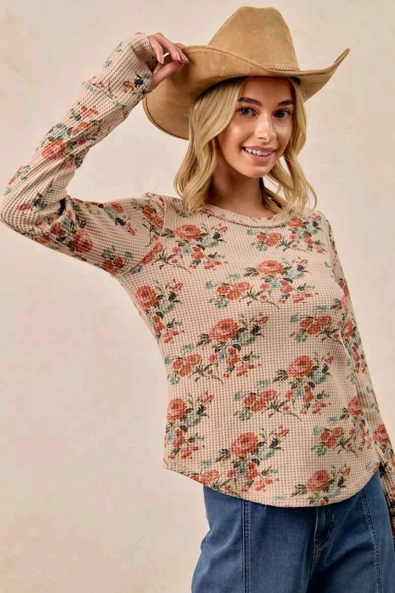 BiBi Floral Print Washed Waffle Thermal Top with Thumb BiBi Floral Print Washed Waffle Thermal Top with Thumb