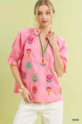 Umgee Embroidered Floral Top with Contrast Trim