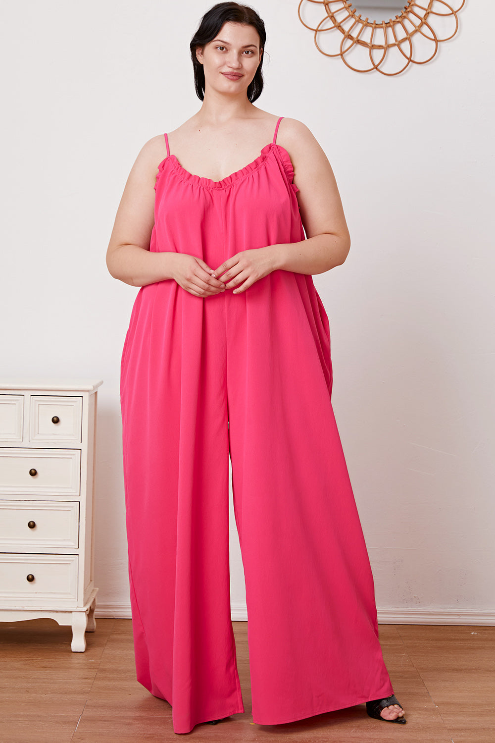 Double Take Full Size Ruffle Trim Tie Back Cami Jumpsuit with Pockets Double Take Full Size Ruffle Trim Tie Back Cami Jumpsuit with Pockets - TopFashionHQ