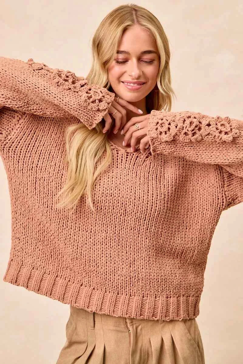 BiBi Chunky Knit Sweater with Flower Detail Sleeves BiBi Chunky Knit Sweater with Flower Detail Sleeves