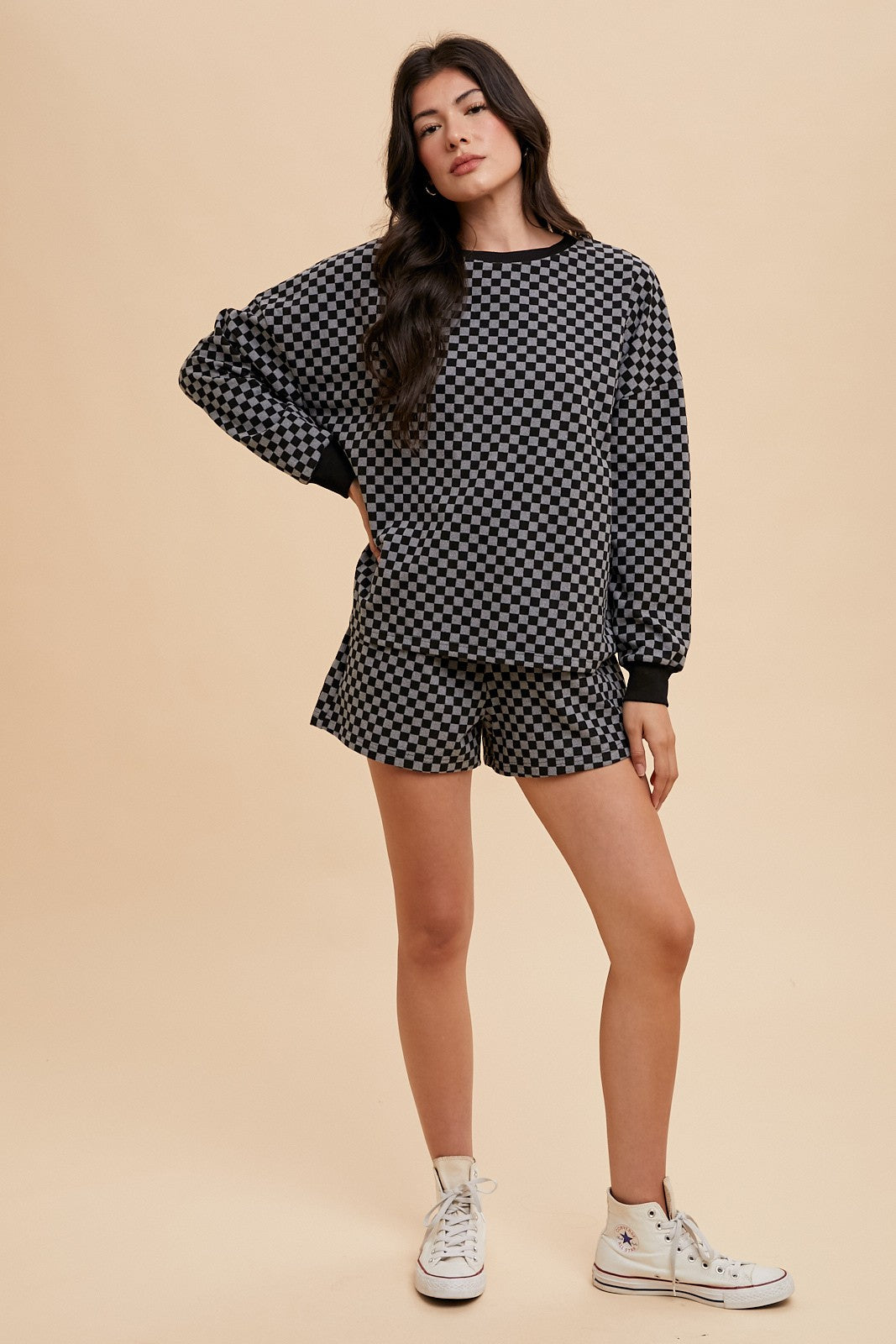 Annie Wear Checkered Round Neck Top and Drawstring Shorts Set Annie Wear Checkered Round Neck Top and Drawstring Shorts Set