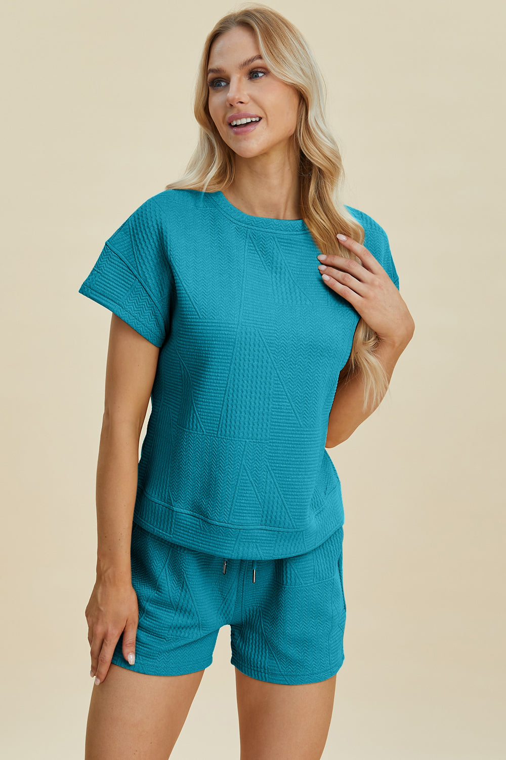 Double Take Full Size Texture Short Sleeve Top and Shorts Set Double Take Full Size Texture Short Sleeve Top and Shorts Set