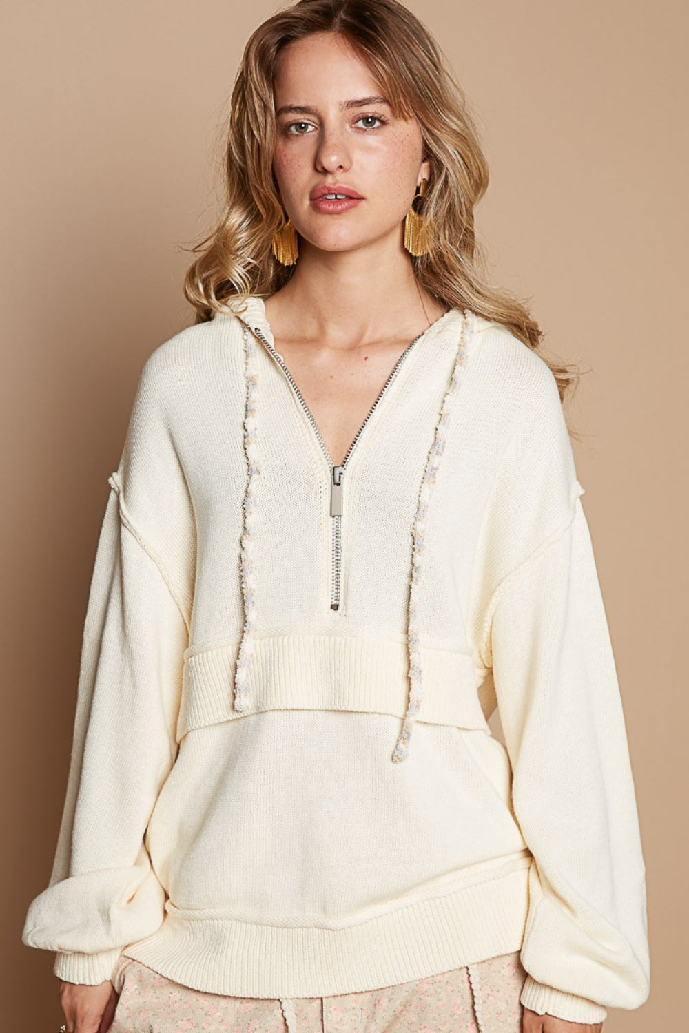 POL Half Zip Drop Shoulder Hooded Sweater POL Half Zip Drop Shoulder Hooded Sweater - TopFashionHQ