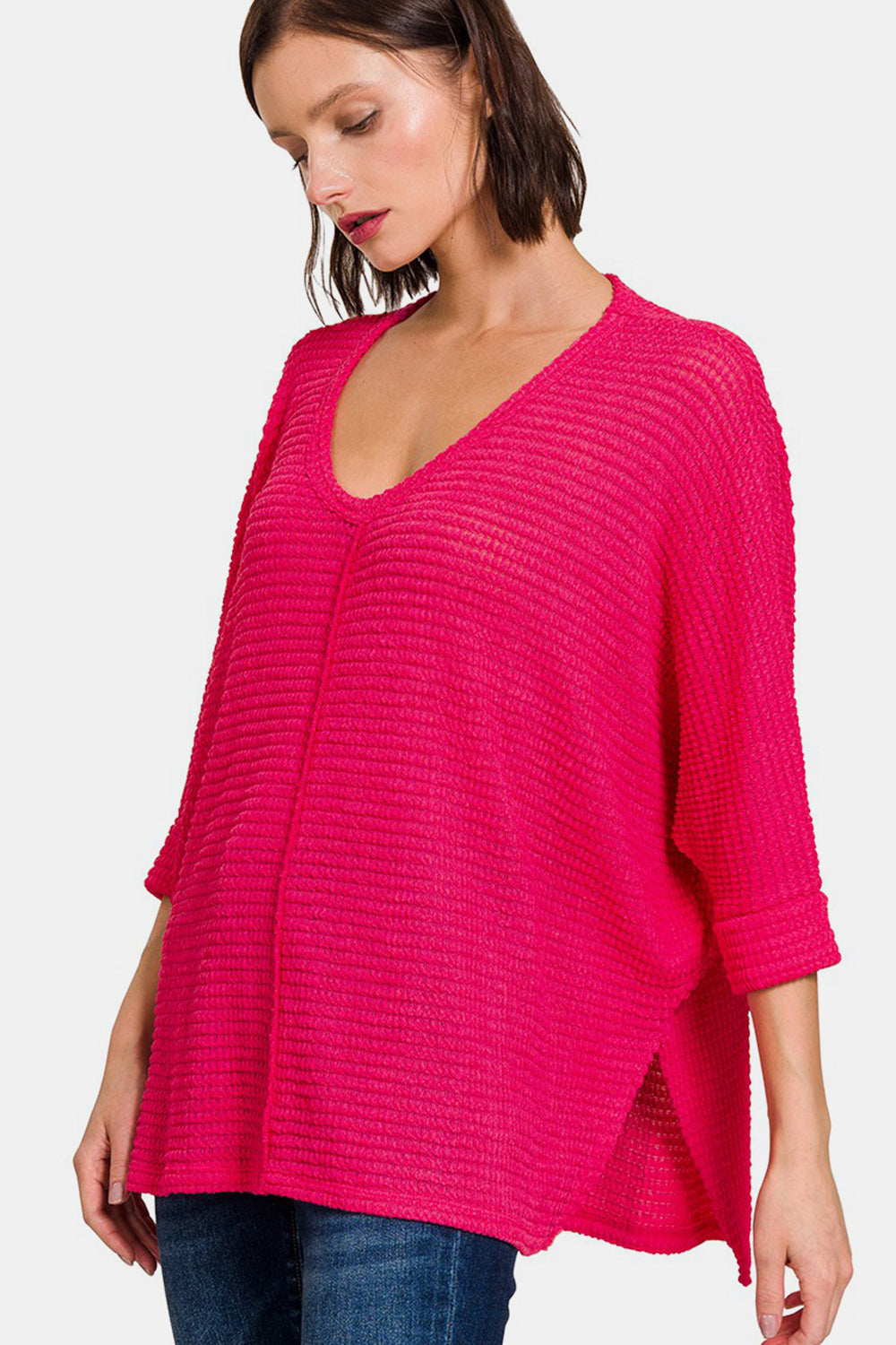 Zenana V-Neck High-Low Jacquard Knit Top Zenana V-Neck High-Low Jacquard Knit Top - TopFashionHQ