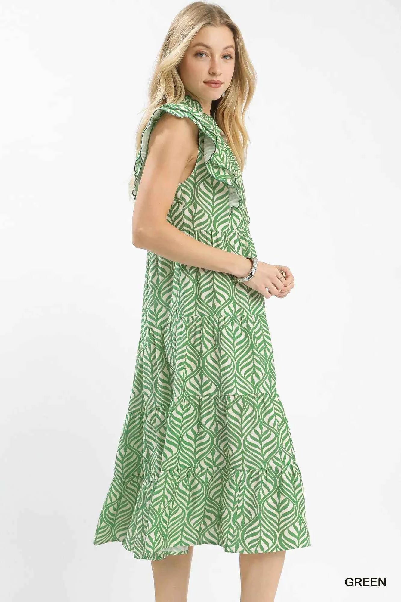 Umgee Leaf Print Tiered Midi Dress with Ruffle Detail Umgee Leaf Print Tiered Midi Dress with Ruffle Detail