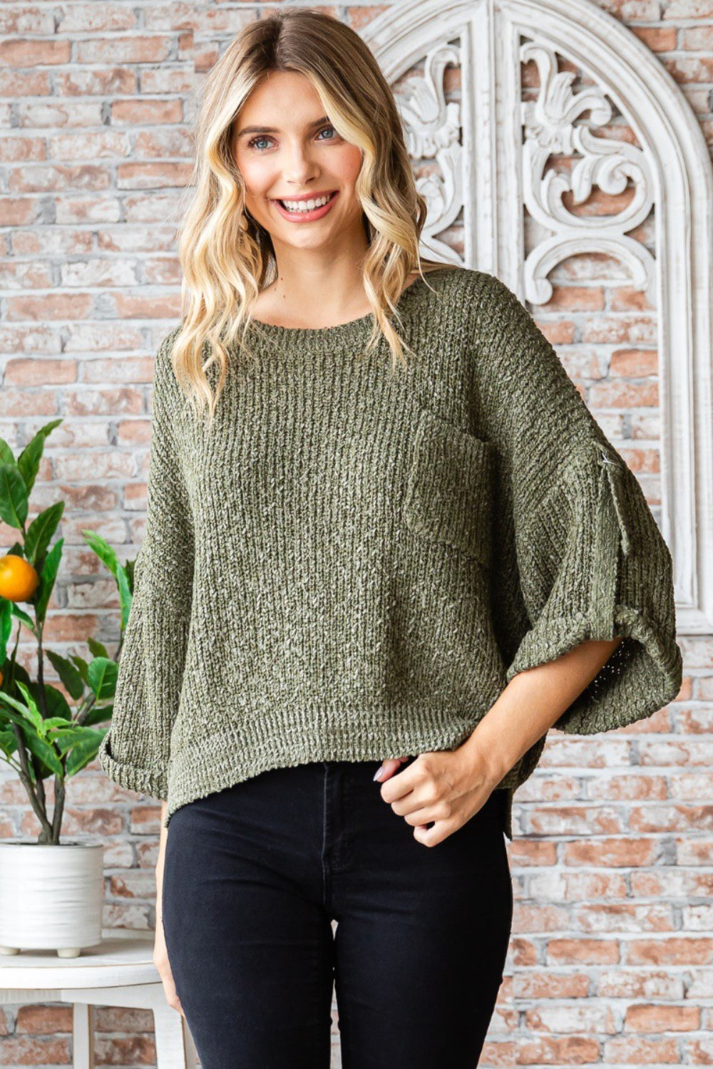Veveret Round Neck Roll-Up Sweater Veveret Round Neck Roll-Up Sweater - TopFashionHQ