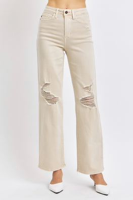Judy Blue Full Size High Waist Distressed Wide Leg Jeans - TopFashionHQ