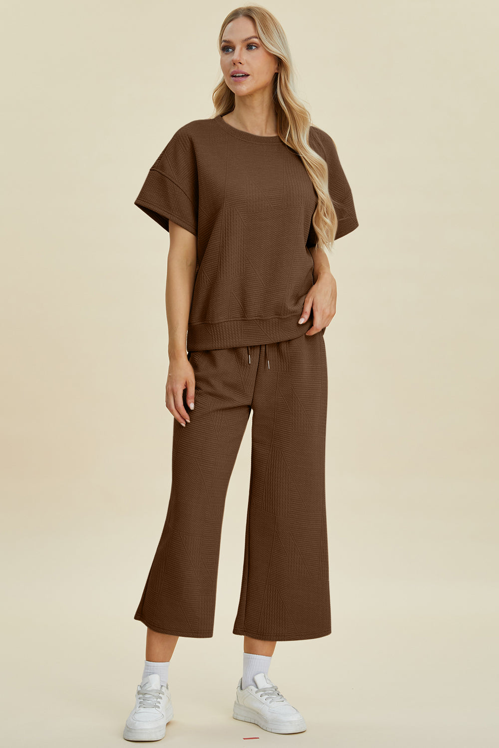 Double Take Full Size Texture Round Neck Top and Pants Set Double Take Full Size Texture Round Neck Top and Pants Set
