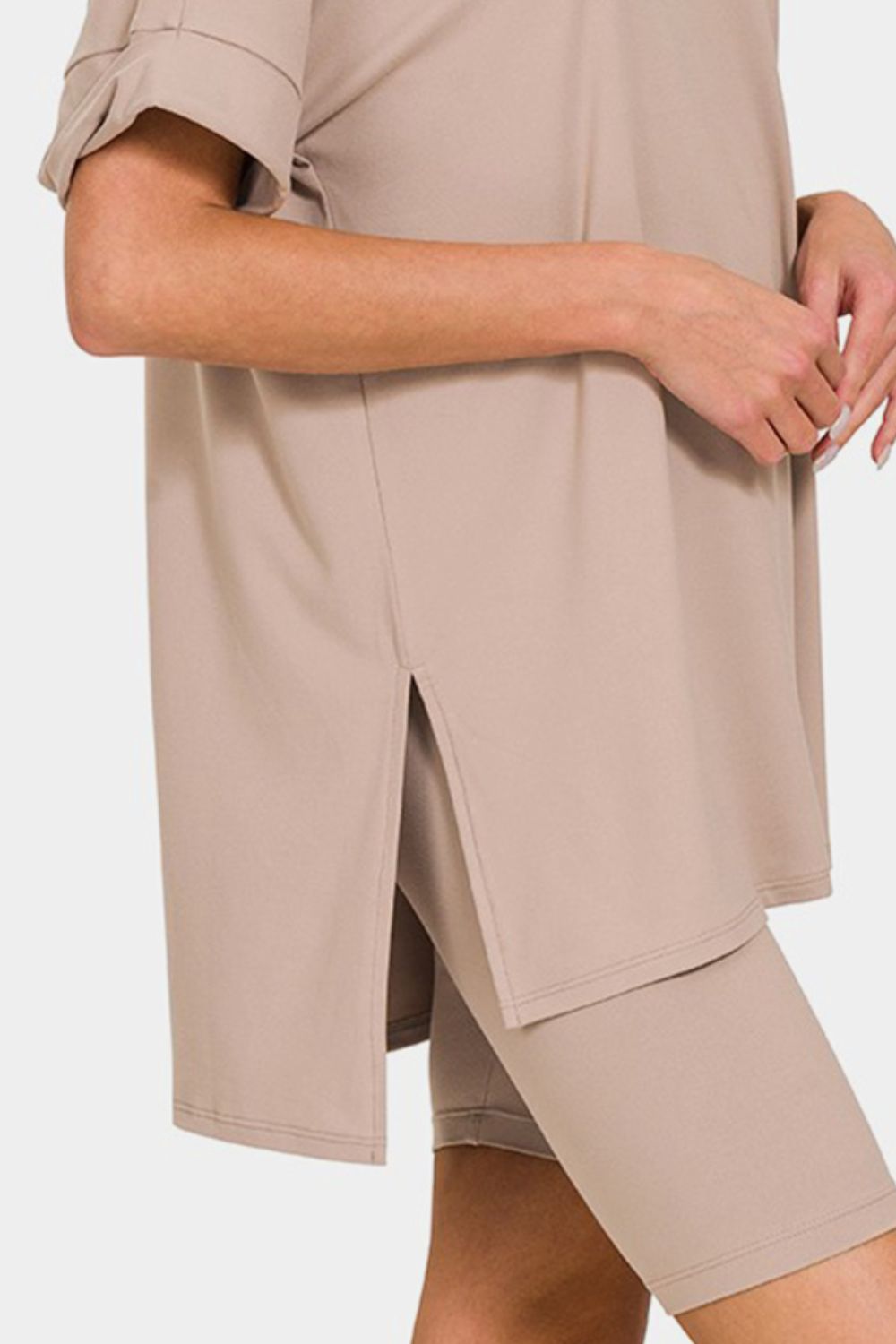 Zenana Full Size V-Neck Short Sleeve Slit T-Shirt and Shorts Set Zenana Full Size V-Neck Short Sleeve Slit T-Shirt and Shorts Set - TopFashionHQ