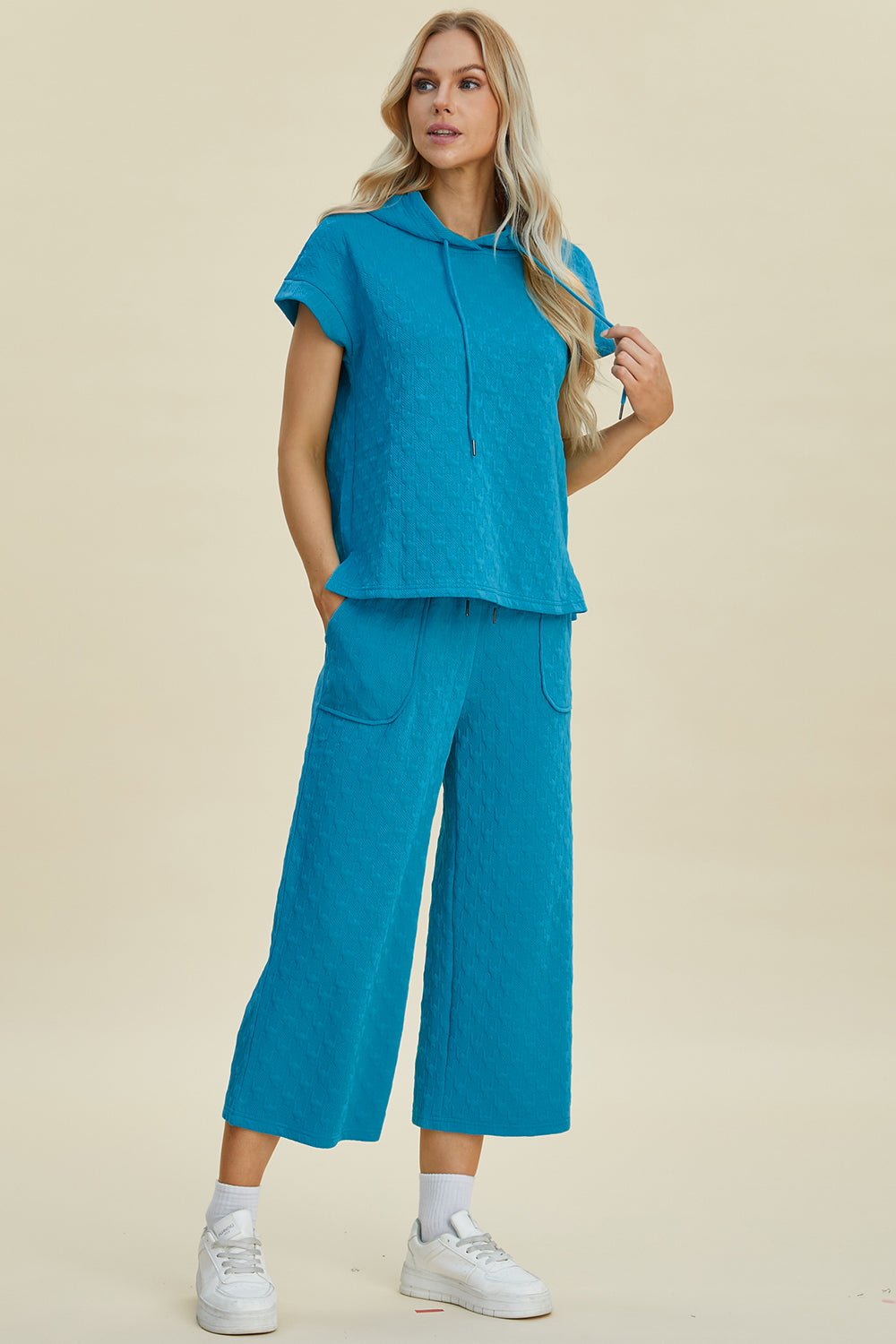 Double Take Full Size Texture Drawstring Short Sleeve Hoodie and Pocketed Pants Set Double Take Full Size Texture Drawstring Short Sleeve Hoodie and Pocketed Pants Set