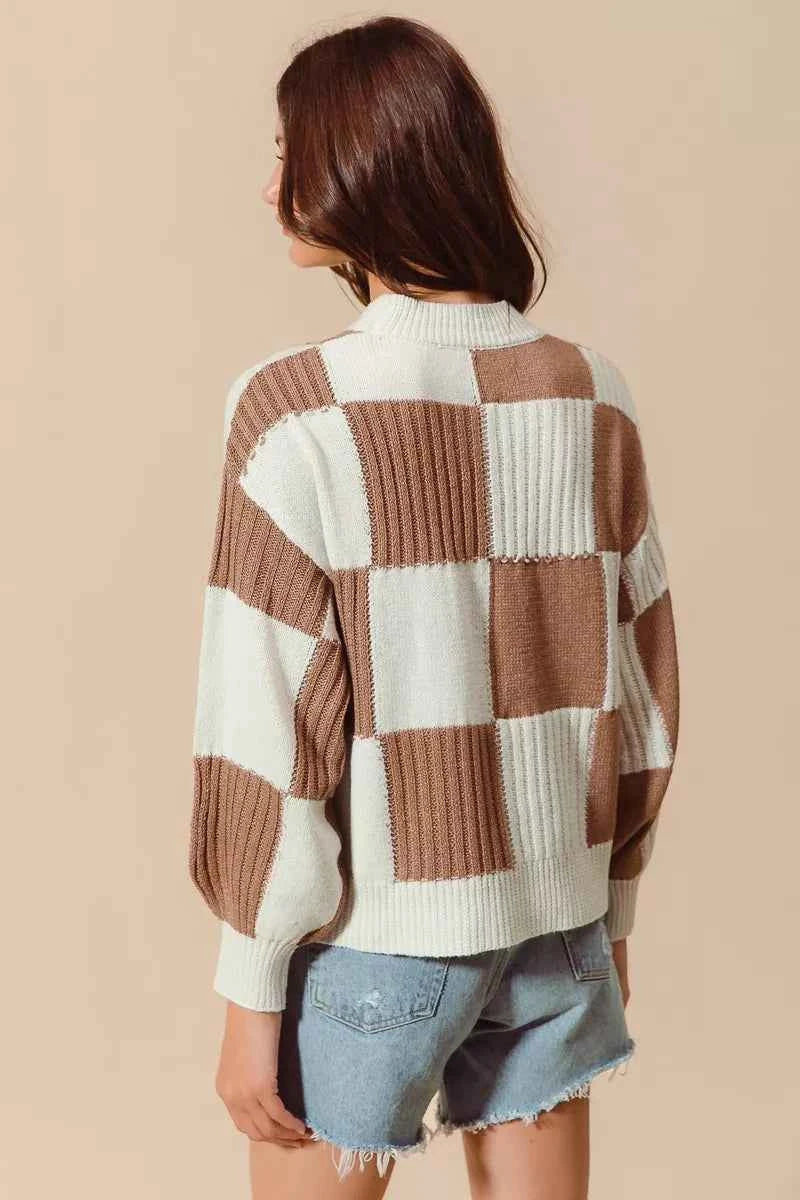 SO ME Ribbed Color Block Checkered Plaid Sweater SO ME Ribbed Color Block Checkered Plaid Sweater