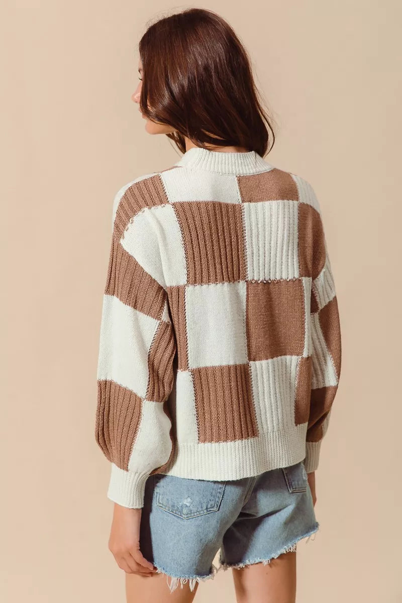 SO ME Ribbed Color Block Checkered Plaid Sweater 32d97cdb02f44135a348abe14a1aae33-Max-Origin