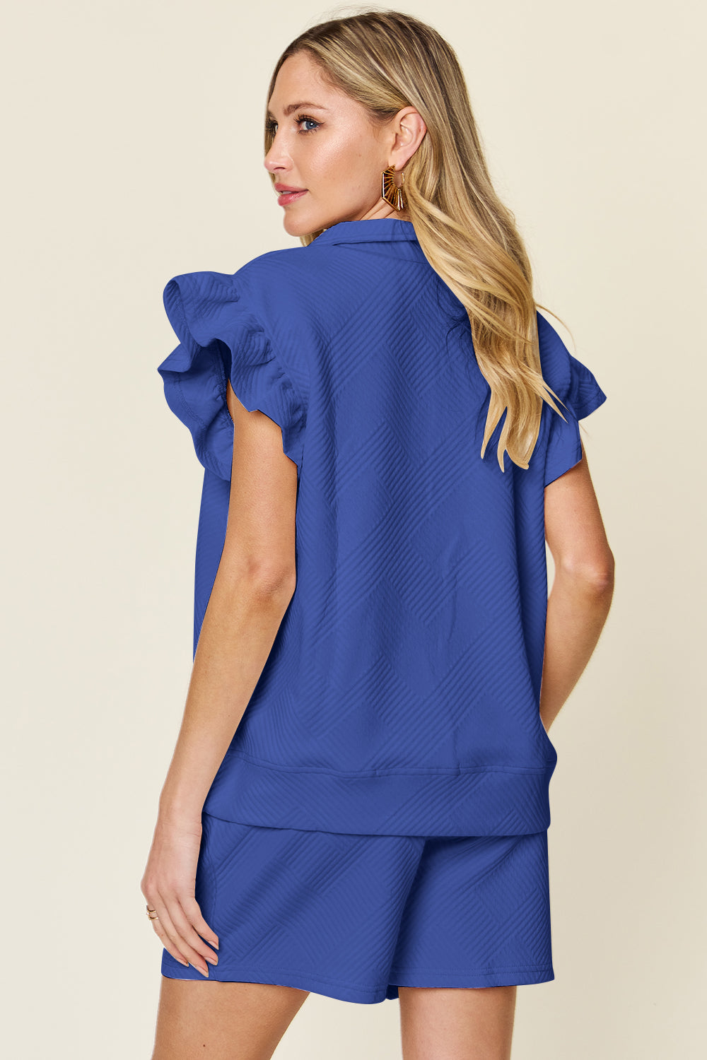 Double Take Full Size Texture Flounce Sleeve Top and Drawstring Shorts Set Double Take Full Size Texture Flounce Sleeve Top and Drawstring Shorts Set