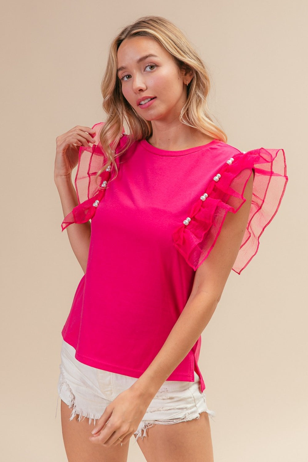 BiBi Pearl Decor Mesh Ruffle Sleeve Top BiBi Pearl Decor Mesh Ruffle Sleeve Top - TopFashionHQ