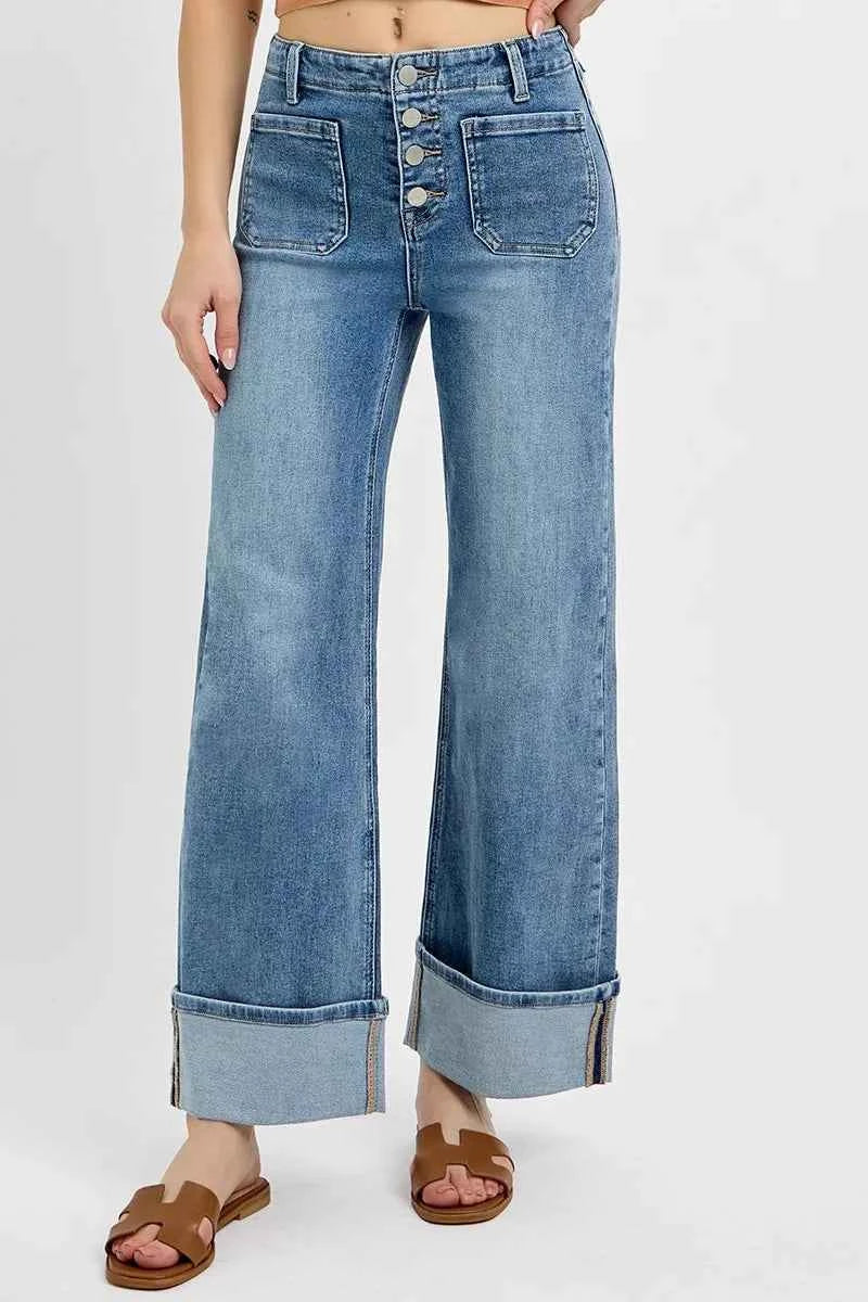 RISEN High Rise Ankle Wide Button Patch Pocket Cuffed Jeans RISEN High Rise Ankle Wide Button Patch Pocket Cuffed Jeans