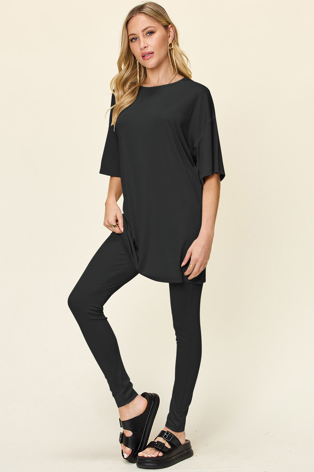 Double Take Full Size Round Neck Dropped Shoulder T-Shirt and Leggings Set Double Take Full Size Round Neck Dropped Shoulder T-Shirt and Leggings Set