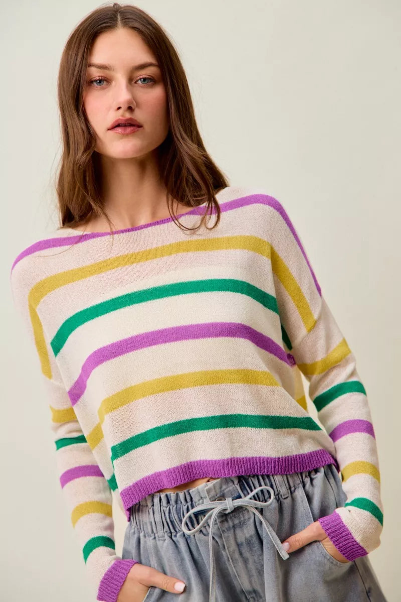 SO ME Mardi Gras Color Stripe Lightweight Sweater Top 332fb68bc4d244a7b0a1c95ad716c3fd-Max-Origin