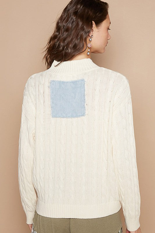 POL Cable-Knit Peace Patch Dropped Shoulder Sweater POL Cable-Knit Peace Patch Dropped Shoulder Sweater - TopFashionHQ