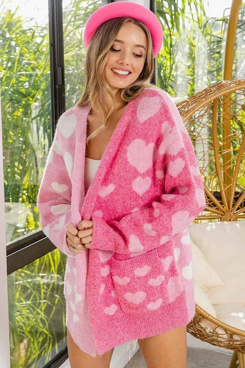 BiBi Heart Color Block V-Beck Knit Cardigan with Pockets BiBi Heart Color Block V-Beck Knit Cardigan with Pockets