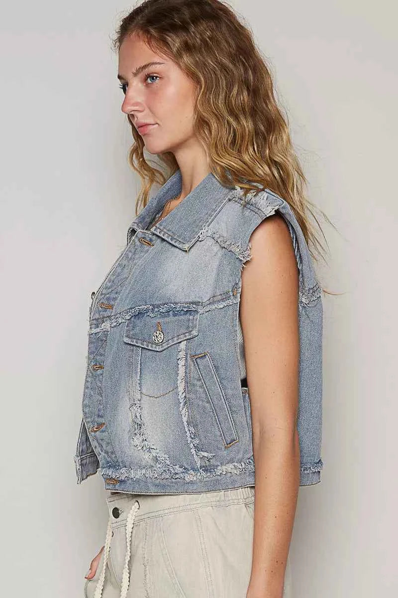 POL Assymetrical Front Closure Raw Hem Denim Vest POL Assymetrical Front Closure Raw Hem Denim Vest