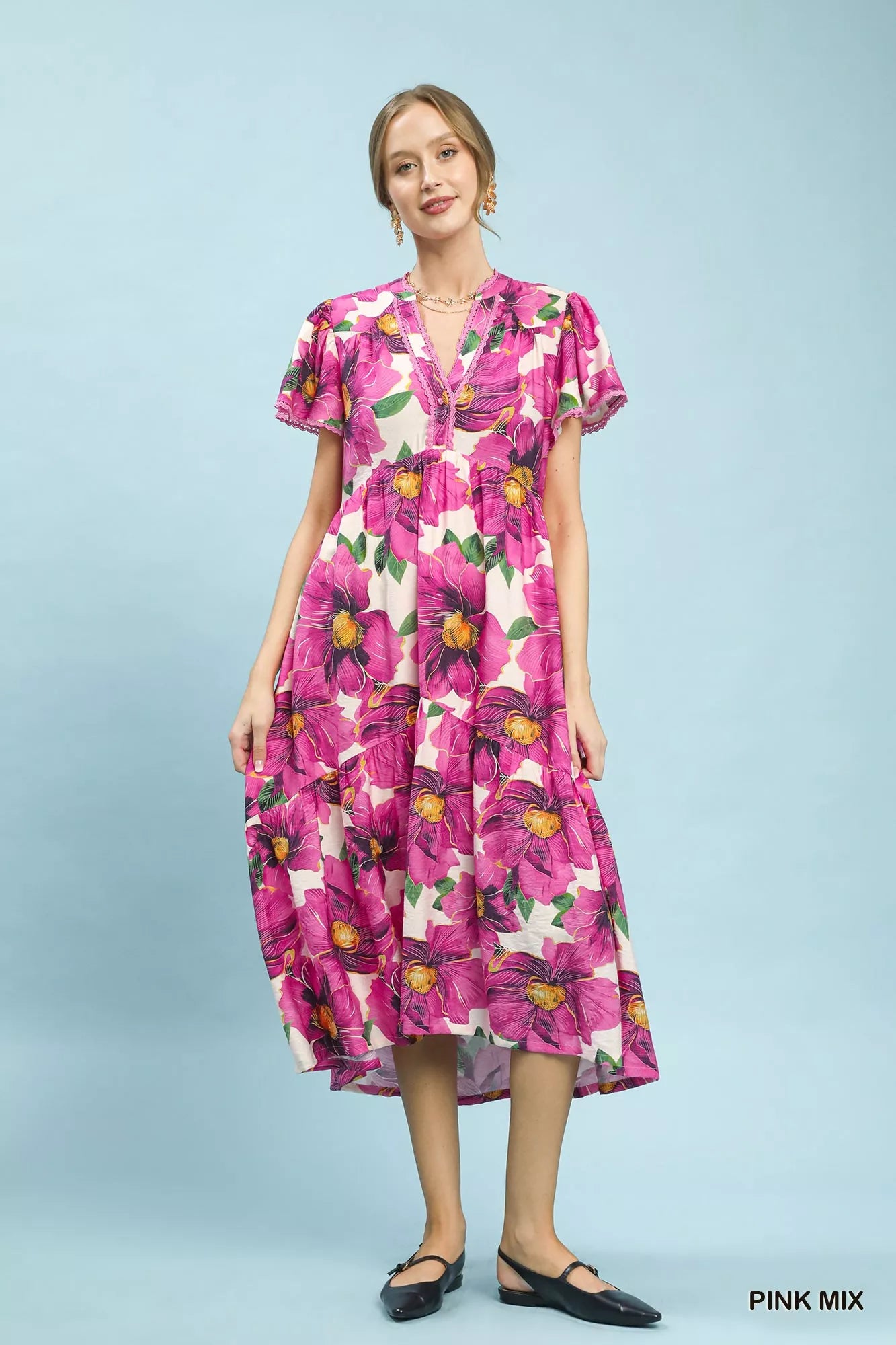 Umgee Tropical Floral V-Neck Flutter Sleeve Tiered Midi Dress 33934bf6-8476-41a8-b2ed-3cc178059332-Max-Origin