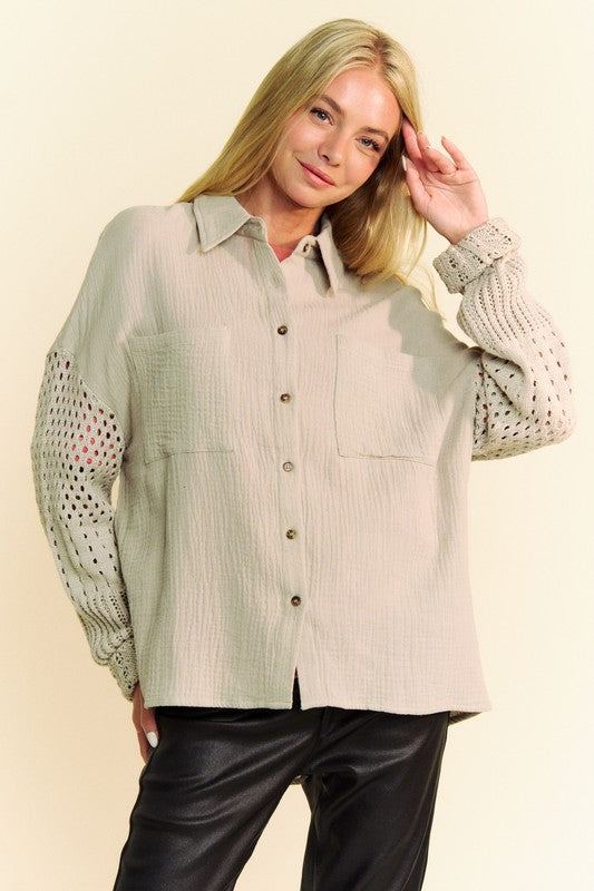 Davi & Dani Crochet Sleeve Crinkled Texture Shirt Davi & Dani Crochet Sleeve Crinkled Texture Shirt