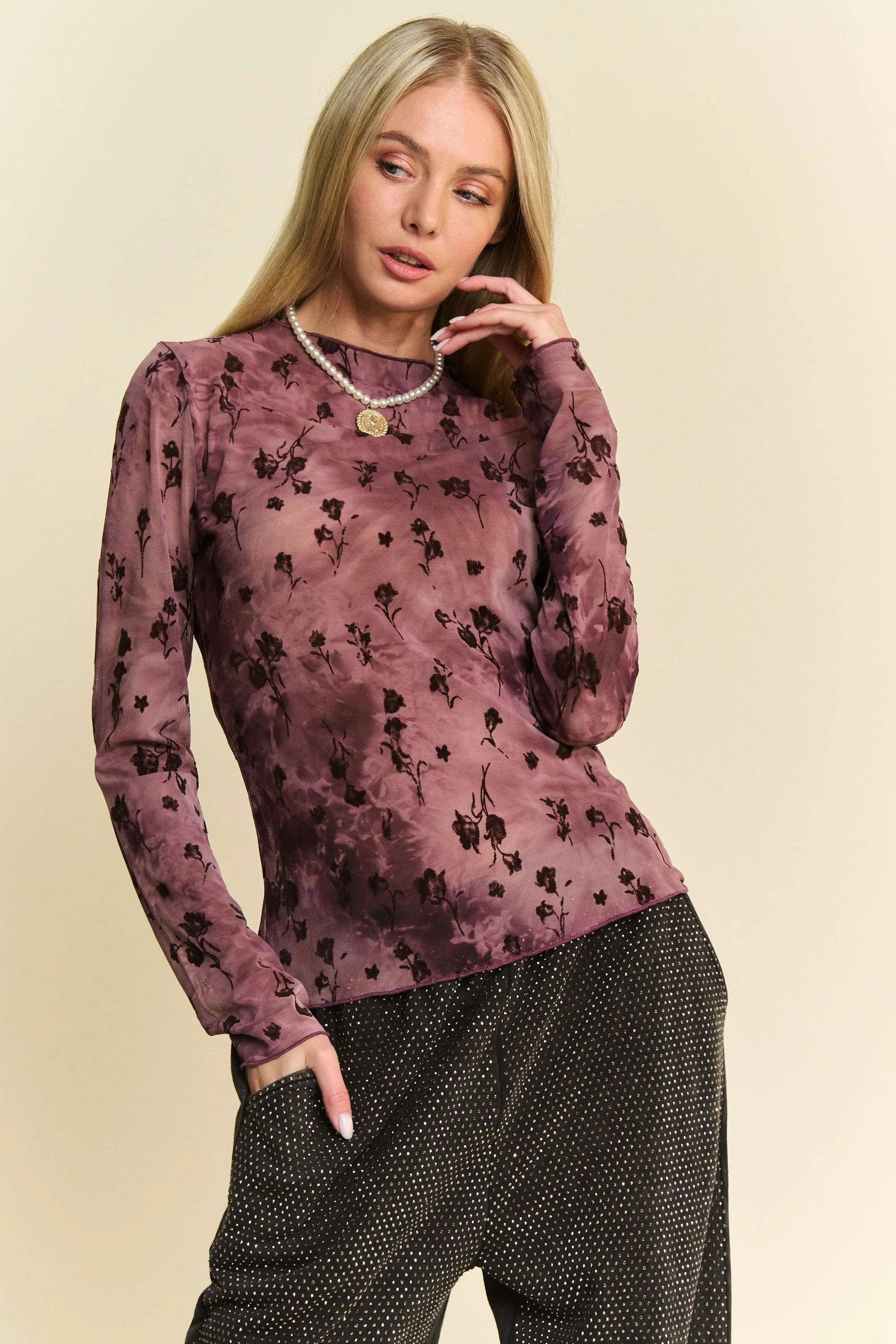 Davi & Dani Floral Mesh Long Sleeve Sheer Layering Top 33bc2d1dac6249f7bc7b690691ad54bb-Max-Origin