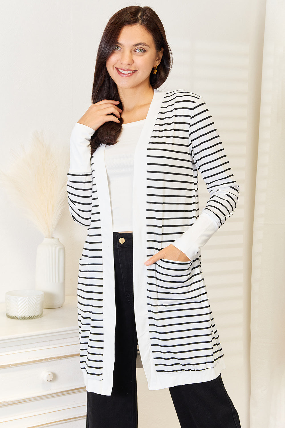 Double Take Striped Open Front Longline Cardigan Double Take Striped Open Front Longline Cardigan - TopFashionHQ