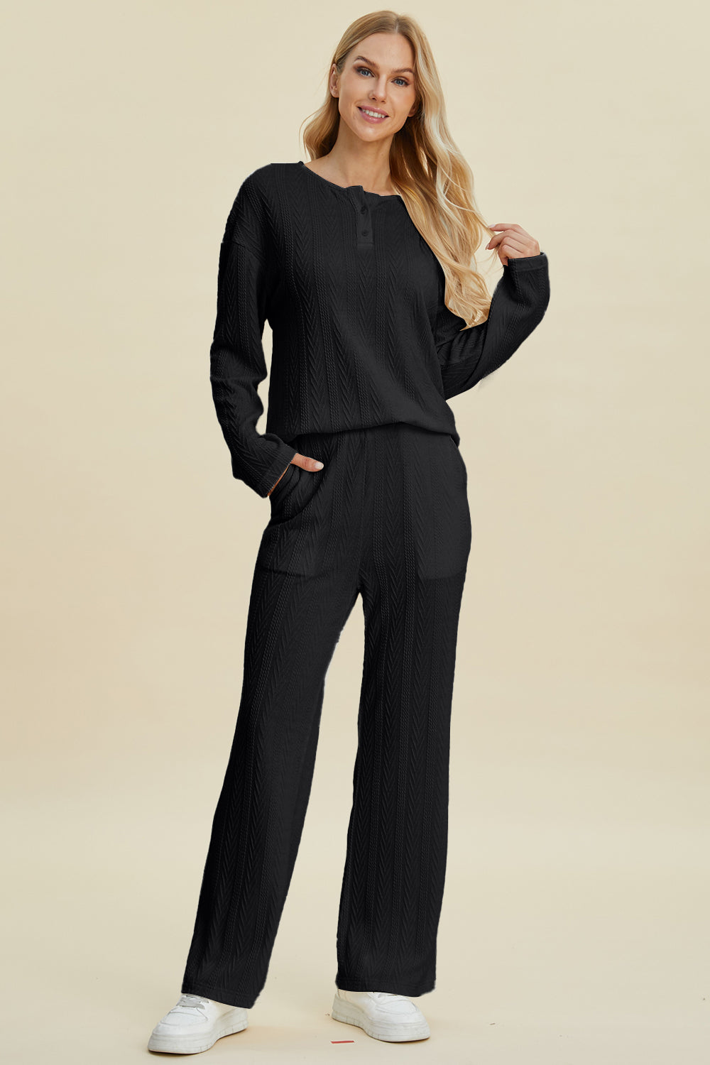 Double Take Full Size Cable-Knit Long Sleeve Top and Pants Set Double Take Full Size Cable-Knit Long Sleeve Top and Pants Set