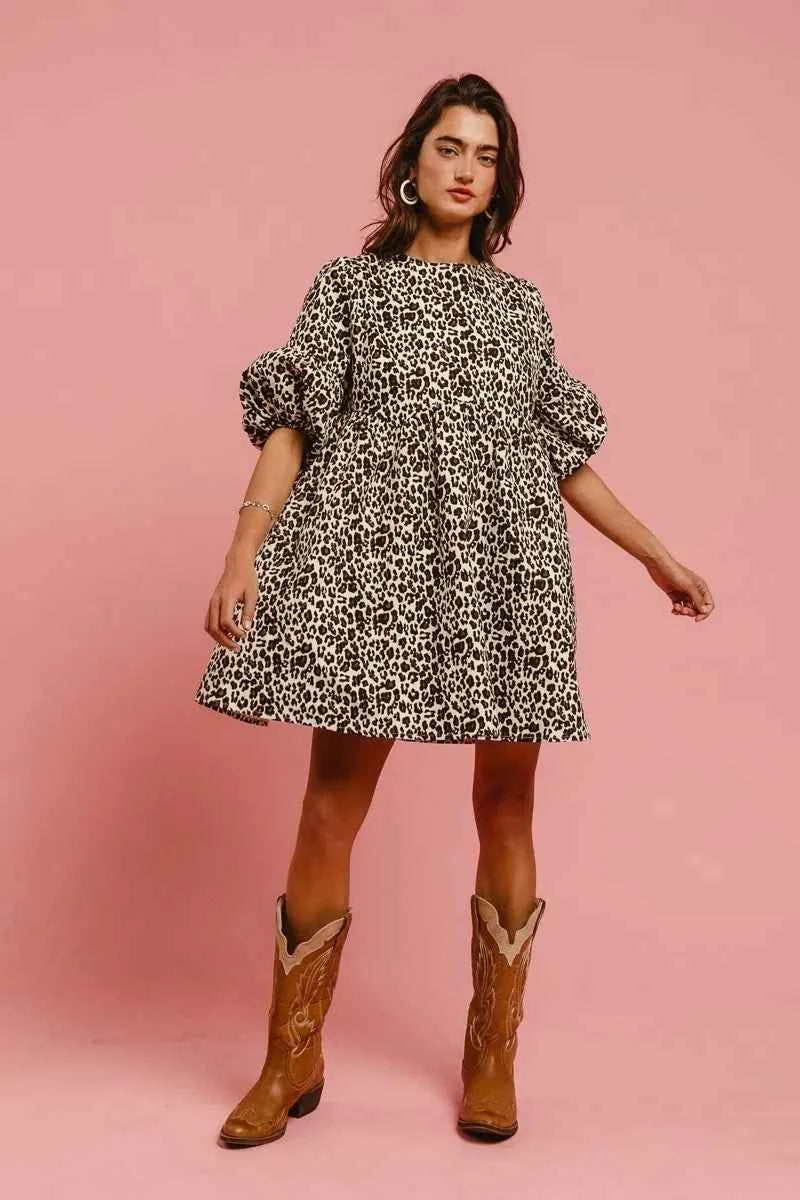 BiBi Leopard Denim Dress With Back Contrast Tie Detail BiBi Leopard Denim Dress With Back Contrast Tie Detail