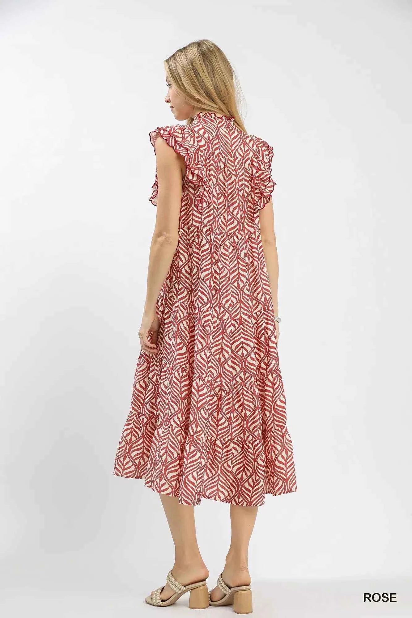 Umgee Leaf Print Tiered Midi Dress with Ruffle Detail Umgee Leaf Print Tiered Midi Dress with Ruffle Detail