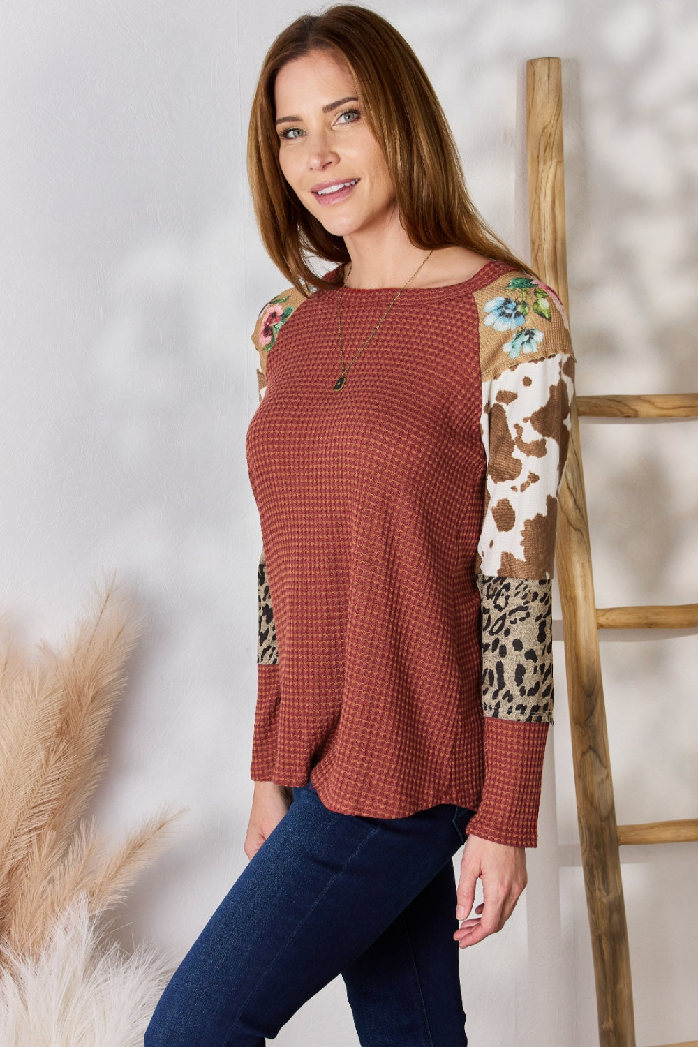 Hailey & Co Full Size Leopard Waffle-Knit Blouse Hailey & Co Full Size Leopard Waffle-Knit Blouse - TopFashionHQ