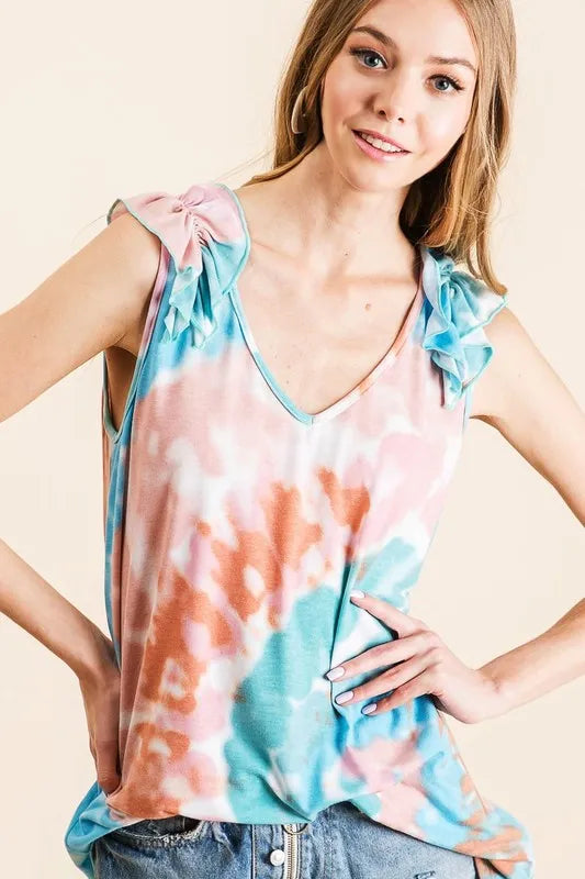 BiBi Circular Tie Dye Knit V Neck Top With Ruffle 3402e8a3b08e47d5b01098f0db280b26-Max-Origin