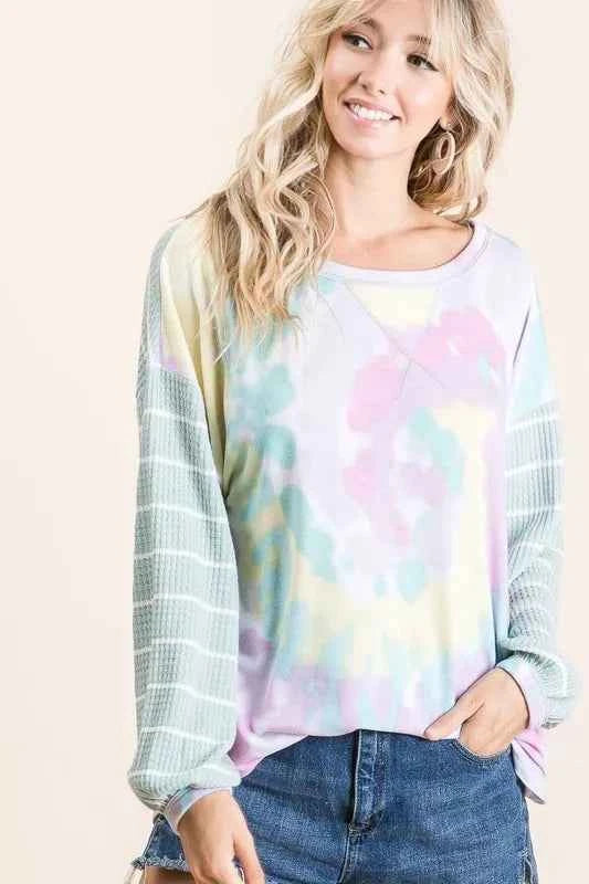 BiBi Tie Dye Terry Top with Wide Stripe Thermal Waffle BiBi Tie Dye Terry Top with Wide Stripe Thermal Waffle