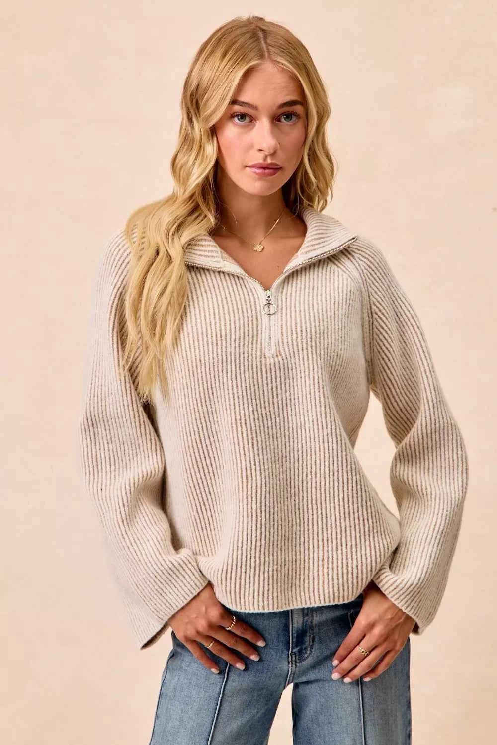 BiBi Two Tone Rib Texured Knit Collared Top with Zip Up BiBi Two Tone Rib Texured Knit Collared Top with Zip Up