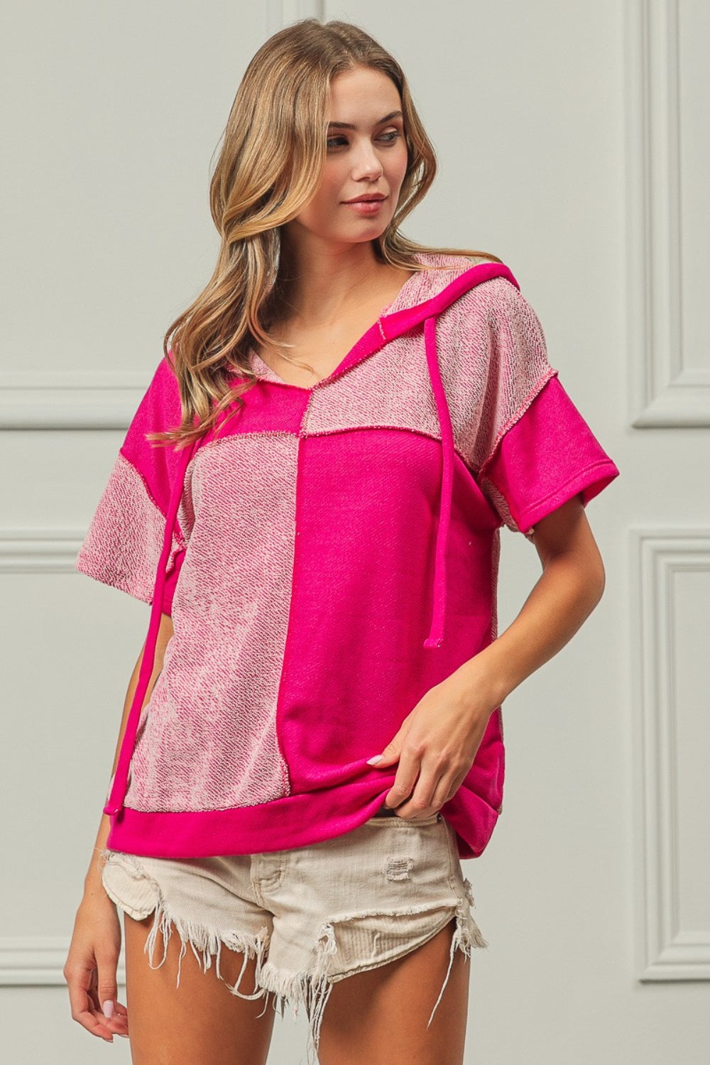 BiBi Color Block Exposed Seam Short Sleeve Hooded Top BiBi Color Block Exposed Seam Short Sleeve Hooded Top - TopFashionHQ