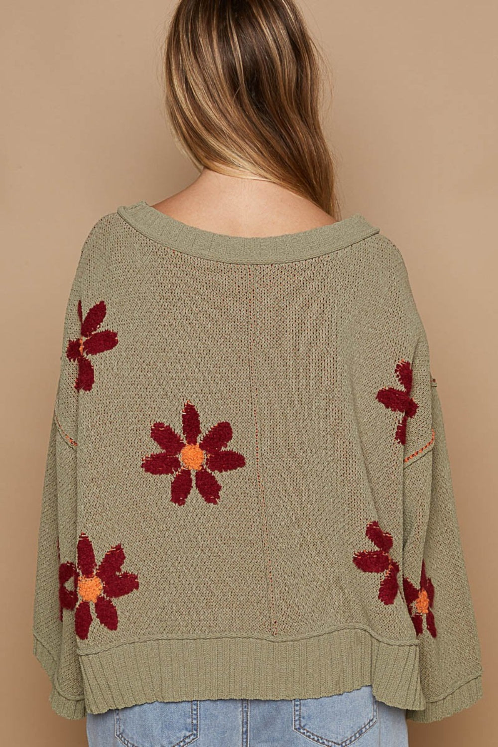 POL V-Neck Floral Pattern Chenille Sweater POL V-Neck Floral Pattern Chenille Sweater - TopFashionHQ