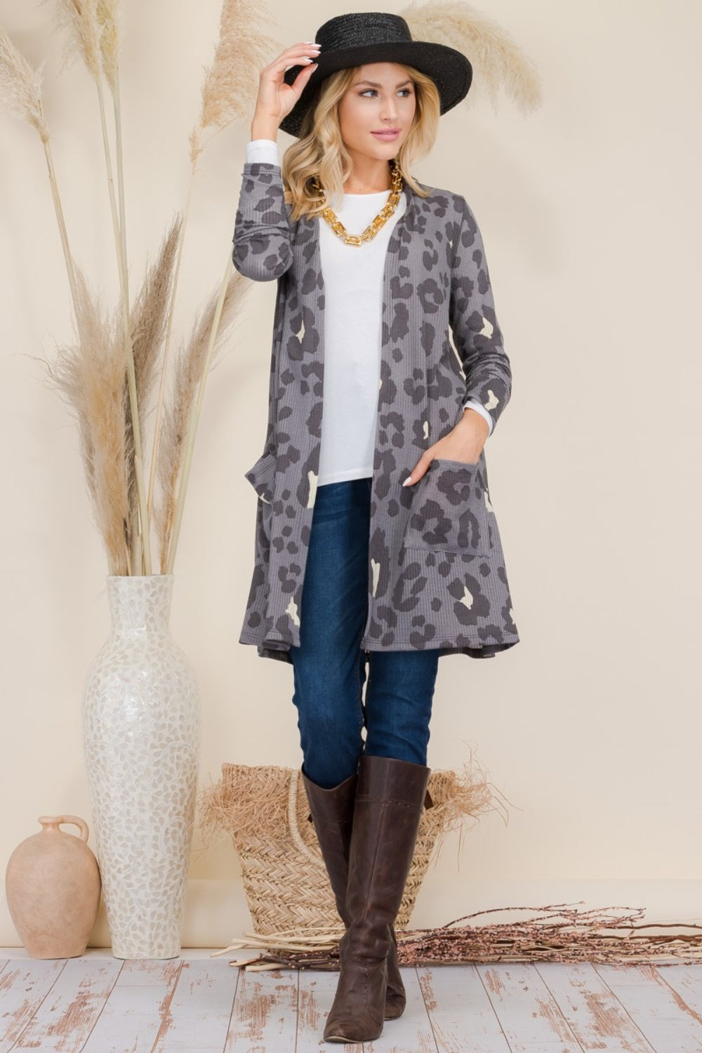 Celeste Full Size Leopard Open Front Contrast Cardigan Celeste Full Size Leopard Open Front Contrast Cardigan - TopFashionHQ