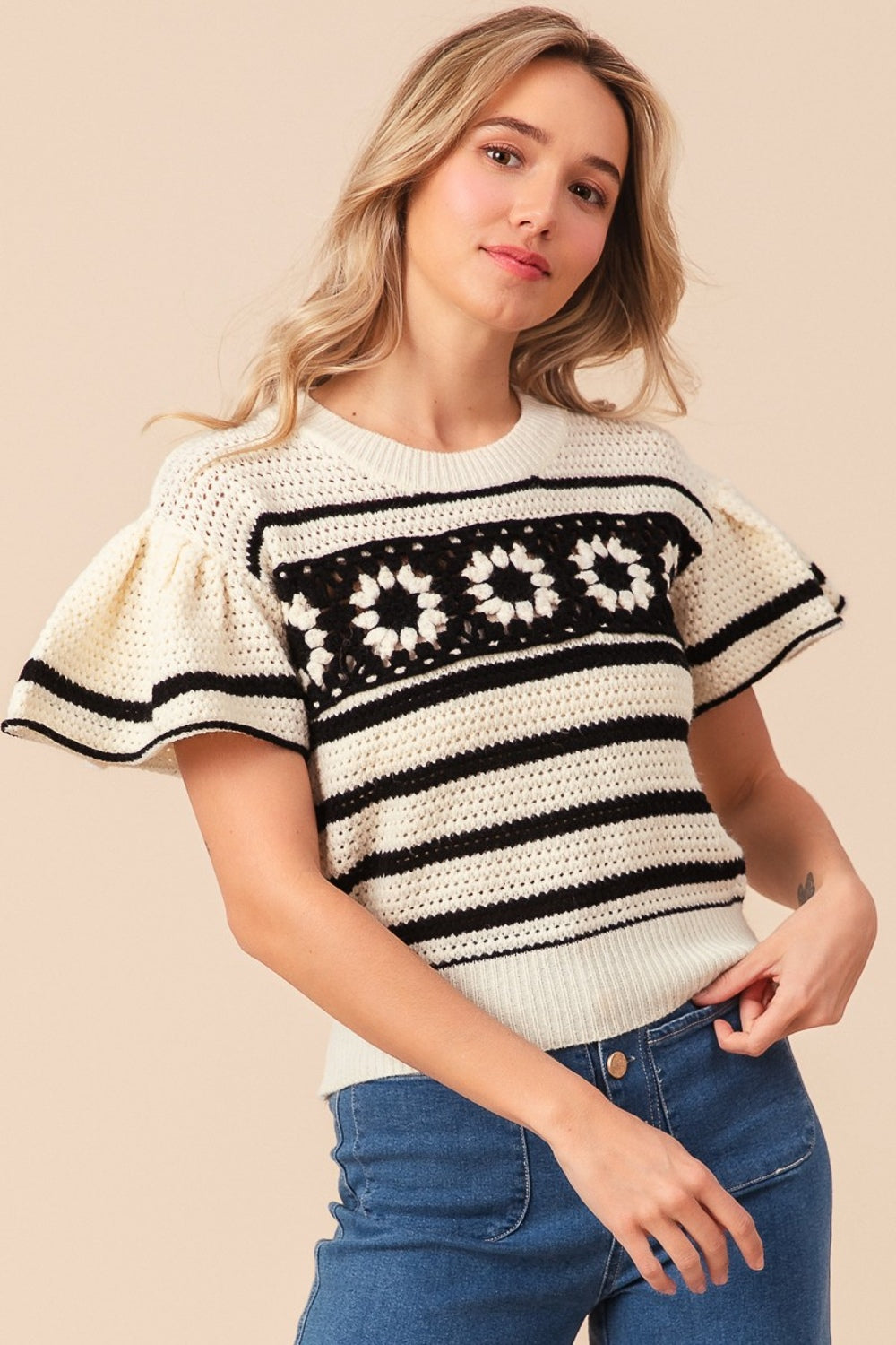 BiBi Granny Square Short Sleeve Striped Sweater BiBi Granny Square Short Sleeve Striped Sweater - TopFashionHQ