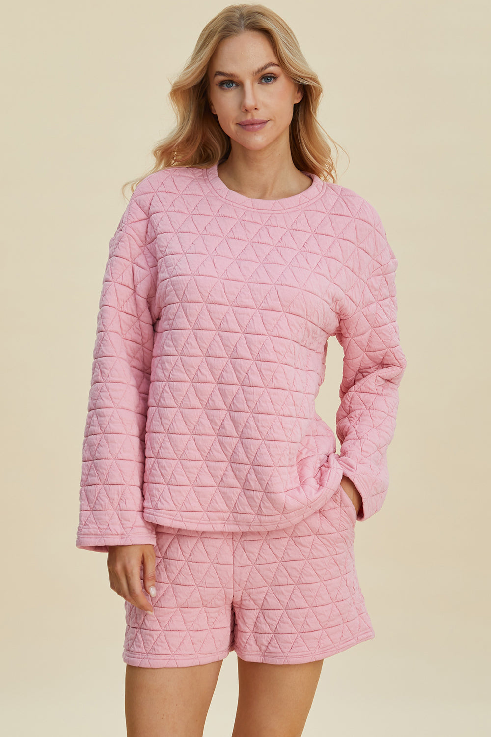 Double Take Full Size Texture Round Neck Long Sleeve Top and Shorts Set Double Take Full Size Texture Round Neck Long Sleeve Top and Shorts Set