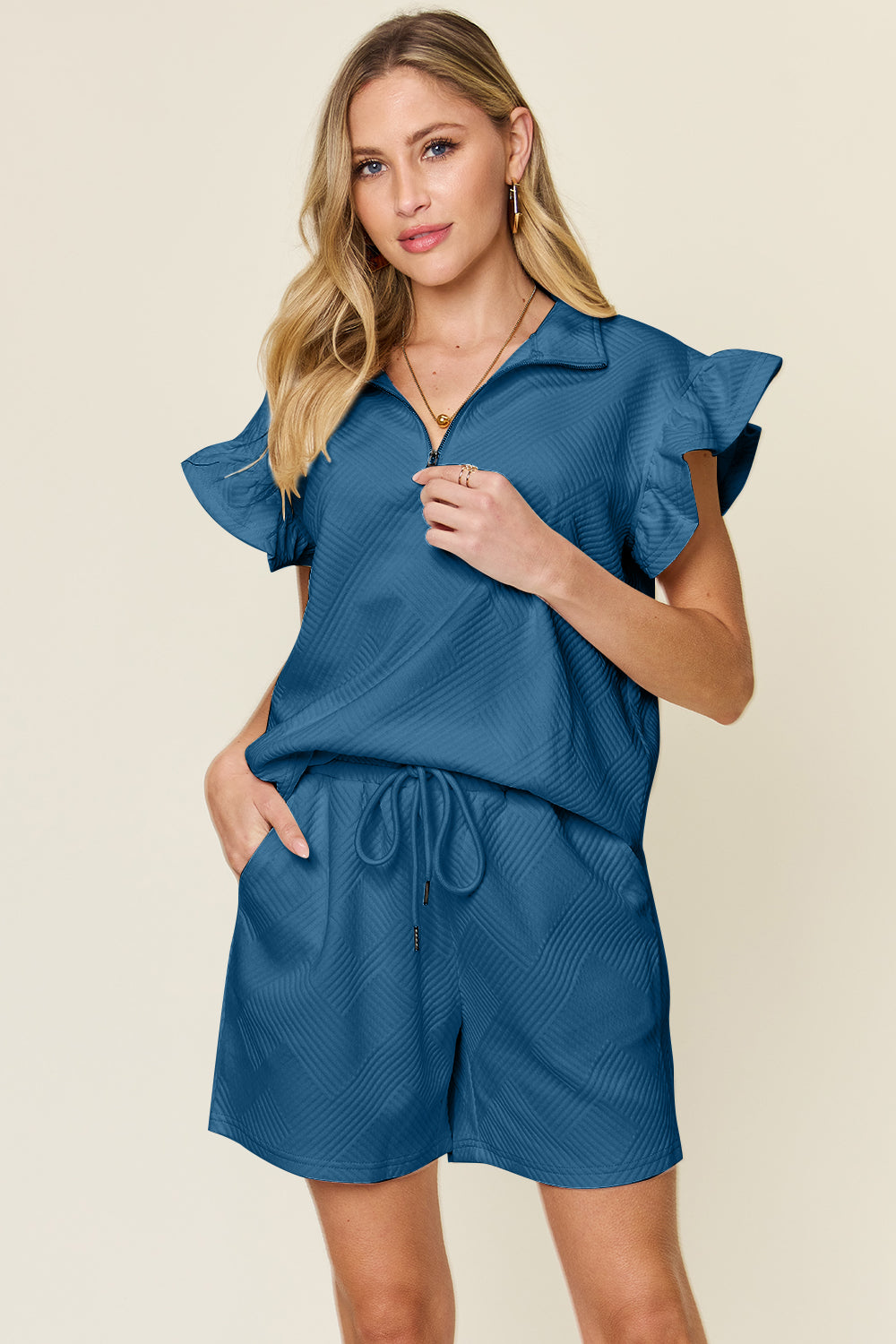 Double Take Full Size Texture Flounce Sleeve Top and Drawstring Shorts Set Double Take Full Size Texture Flounce Sleeve Top and Drawstring Shorts Set