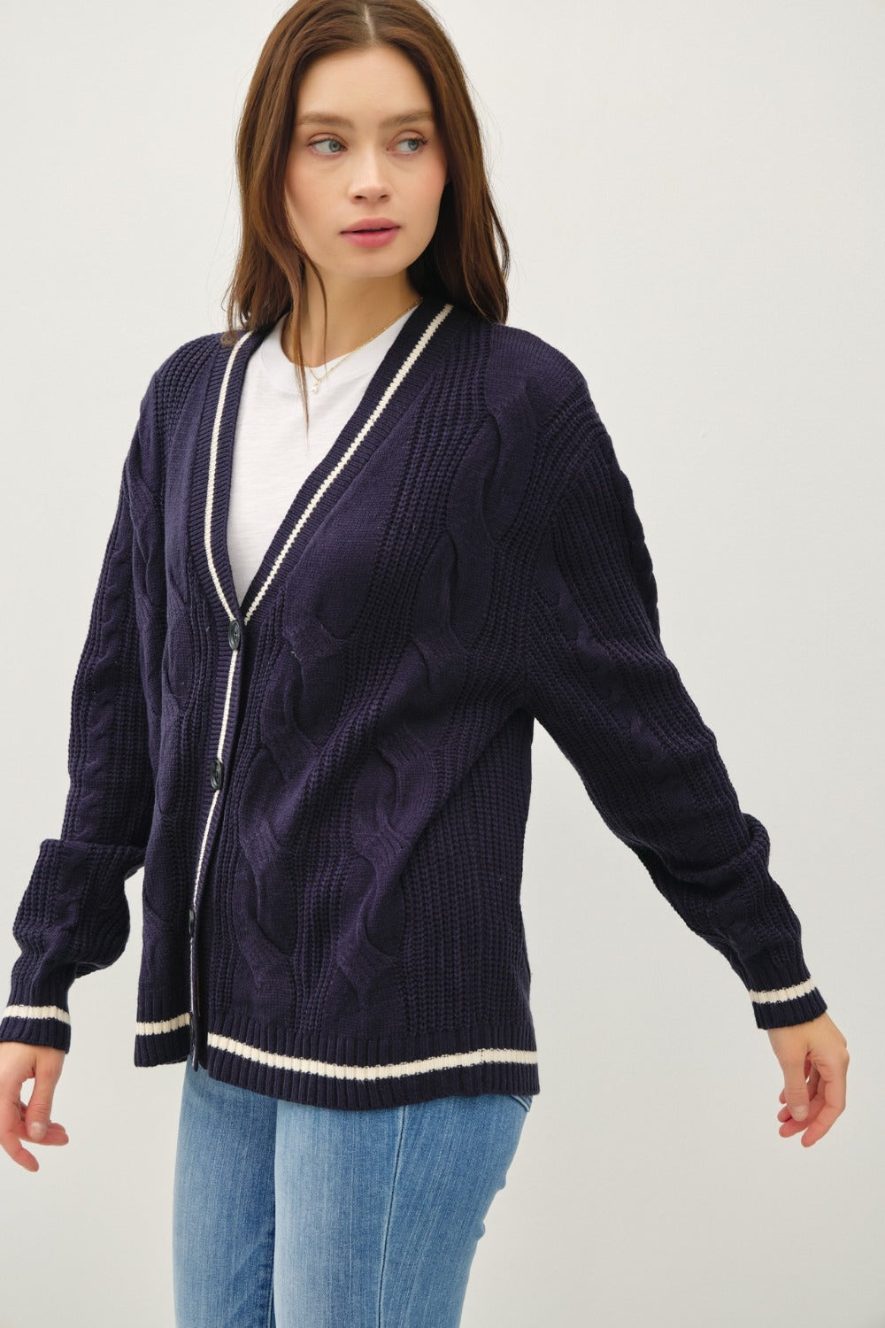 Be Cool Contrast Trim Cable-Knit V-Neck Cardigan Be Cool Contrast Trim Cable-Knit V-Neck Cardigan
