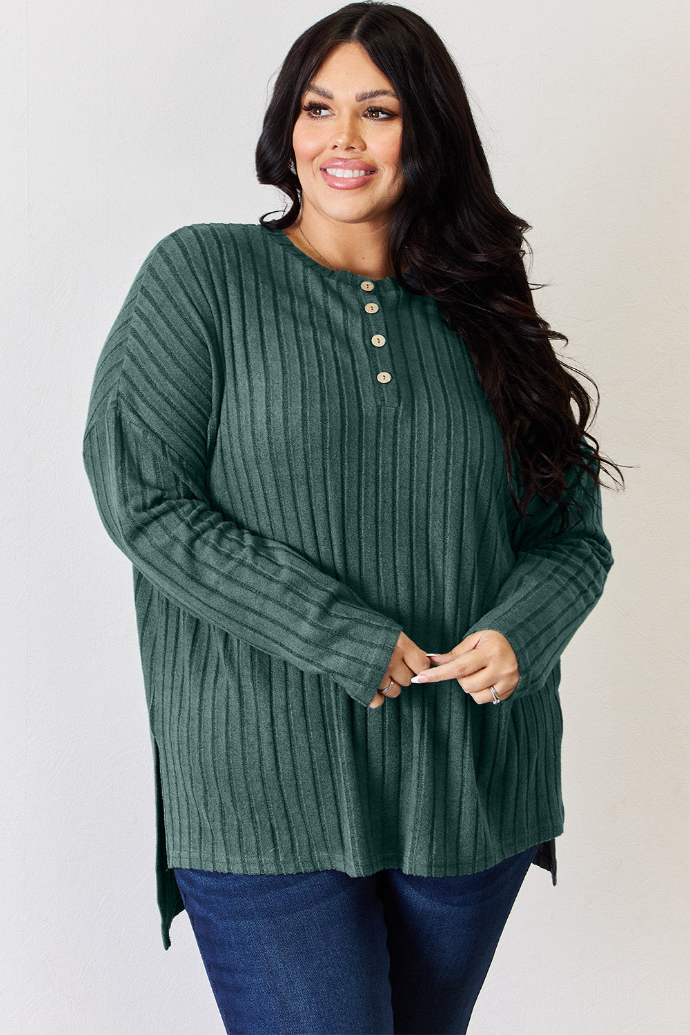 Basic Bae Full Size Ribbed Half Button Long Sleeve High-Low T-Shirt Basic Bae Full Size Ribbed Half Button Long Sleeve High-Low T-Shirt - TopFashionHQ