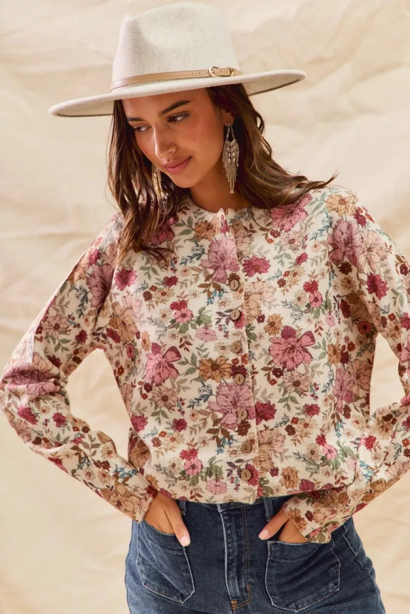 SO ME Floral Print Button Front Sweater Cardigan 34d0752ab5634df5a6a93390cd69b709-Max-Origin