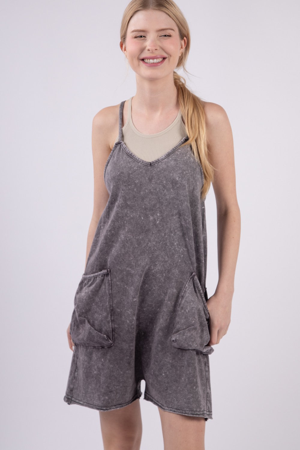 VERY J V-Neck Sleeveless Washed Romper VERY J V-Neck Sleeveless Washed Romper - TopFashionHQ