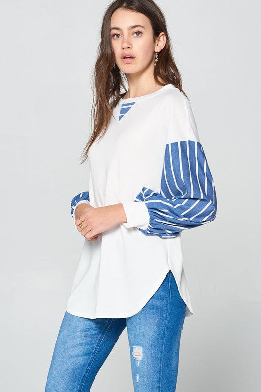 Super Lady Full Size French Terry Striped Long Sleeve Top Super Lady Full Size French Terry Striped Long Sleeve Top