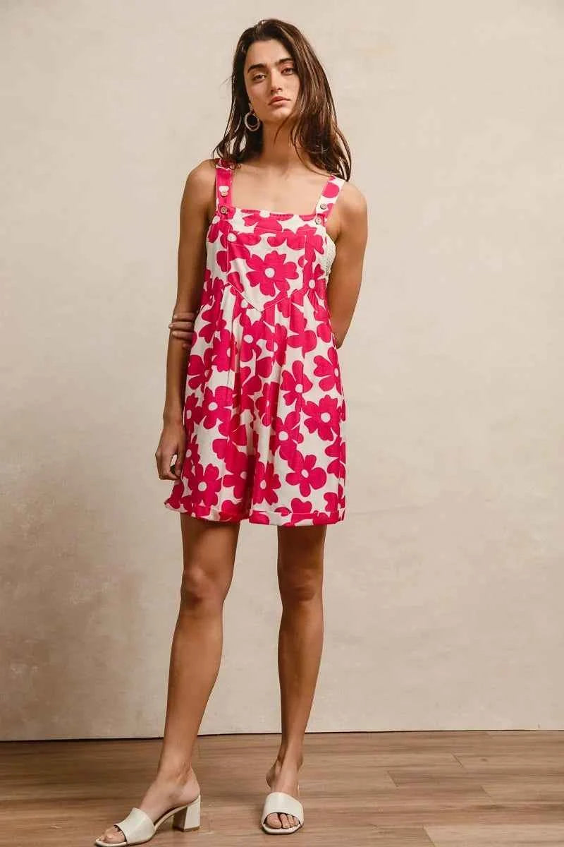 BiBi Floral Prints Tuck Detail Short Overall With Pockets BiBi Floral Prints Tuck Detail Short Overall With Pockets