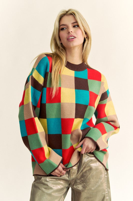 Davi & Dani Color Block Checkered Dropped Shoulder Sweater Davi & Dani Color Block Checkered Dropped Shoulder Sweater