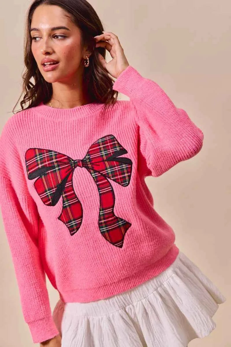 SO ME Checker Plaid Ribbon Christmas Holiday Sweater SO ME Checker Plaid Ribbon Christmas Holiday Sweater