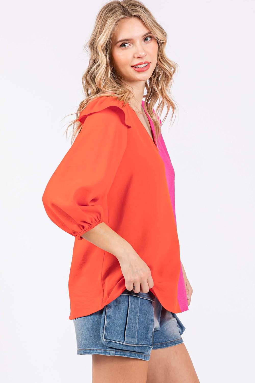 GeeGee Full Size Ruffle Trim Contrast Blouse GeeGee Full Size Ruffle Trim Contrast Blouse - TopFashionHQ